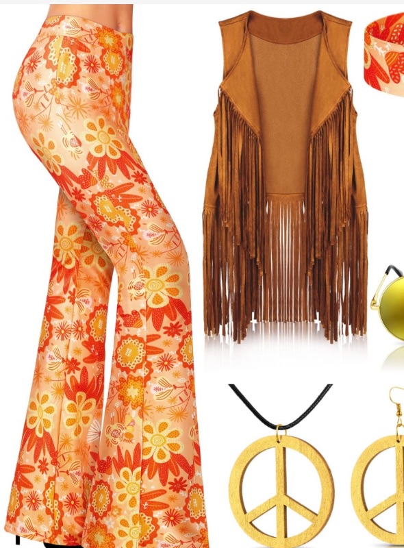 Photo 1 of 2 Pcs 60s 70s Outfits for Women Hippie Costume Set Boho Flared Pants Fringe Vest Peace Sign Accessories Set Small Delicate