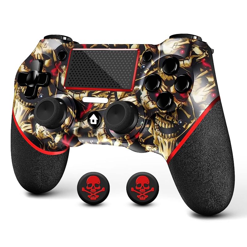 Photo 1 of AceGamer Wireless Controller for PS4, Custom Design V2 Gamepad Joystick for PS4 with Non-Slip Grip of Both Sides and 3.5mm Audio Jack! Thumb Caps Included! (Gold Skull)
