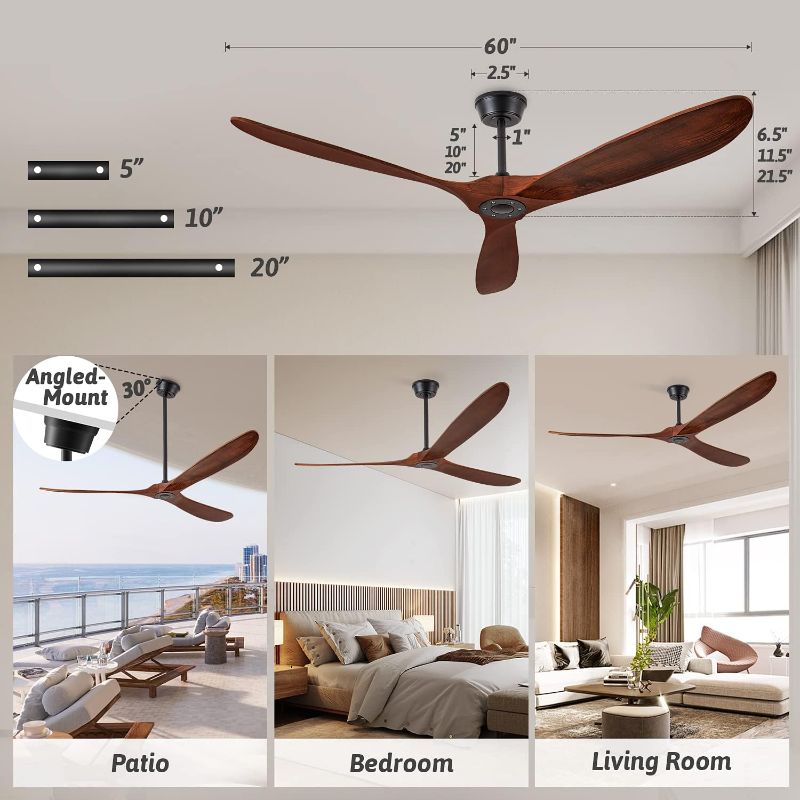 Photo 1 of 60'' Ceiling Fan With Remote and Wall Control, Walnut Ceiling Fan with 3 Wood Blades, 6 Speeds Smart Timing Reversible DC Motor, Modern Black Ceiling Fan for Indoor Outdoor Farmhouse/Patios
