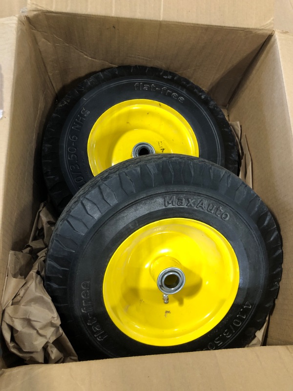 Photo 2 of ** only tires**
Upgrade 4.10/3.50-4 Flat Free Solid Rubber Tire and Wheel, 10" Solid Tires Cart Replacement for Gorilla Carts,Wagon,Wheelbarrow,Garden cart,5/8" Bearings, 2.17" Offset Hub, 440lbs Capacity
