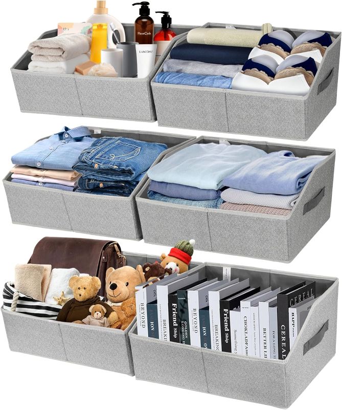 Photo 1 of [ 6 Pack ] Fabric Trapezoid Storage Bins, Large Foldable Fabric Storage Baskets with PP Support Board?Non-cardboard), Washable Closet Organizers and Storage Bins for Clothes, DVD, Books, Toys
