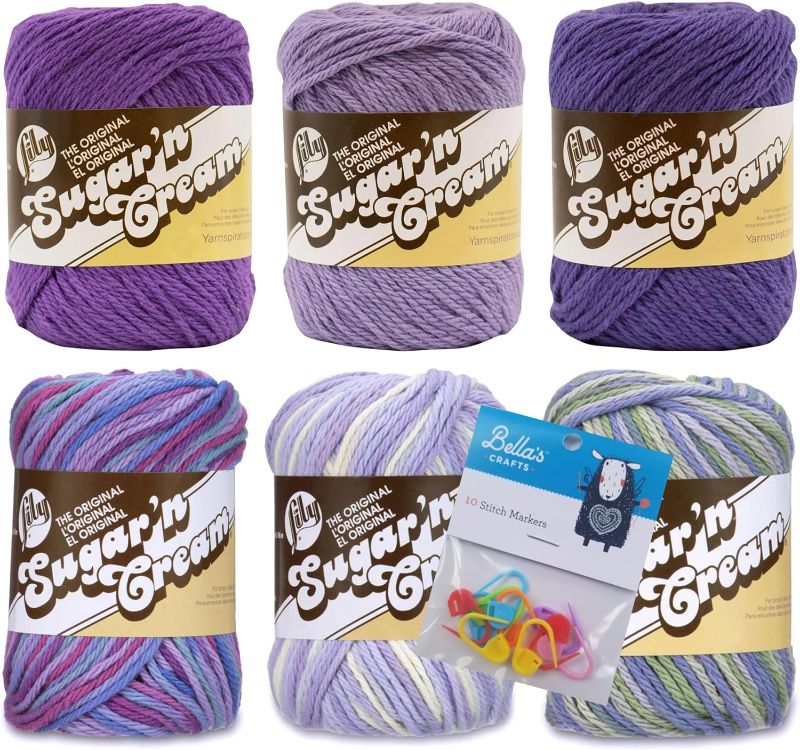 Photo 1 of ****USED** Lily Sugar'n Cream 100% Cotton Yarn 6-Pack Bundle with Bella's Crafts Stitch Markers (Purple)
