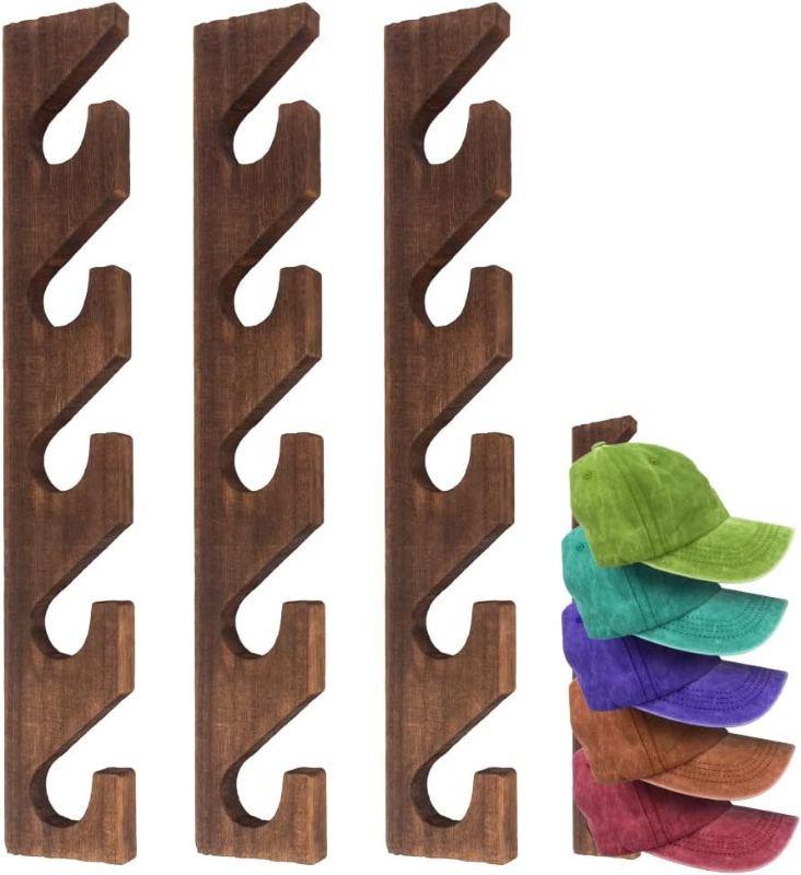 Photo 1 of 3 Pcs Hat Rack for Baseball Caps, Wall Mounted Wooden Hat Storage Organizer Hanger, Wall Vertical Hat Holder Caps Display Rack for Closet Door Bedroom Living Room Entryroom Laundry (Brown Wood)
