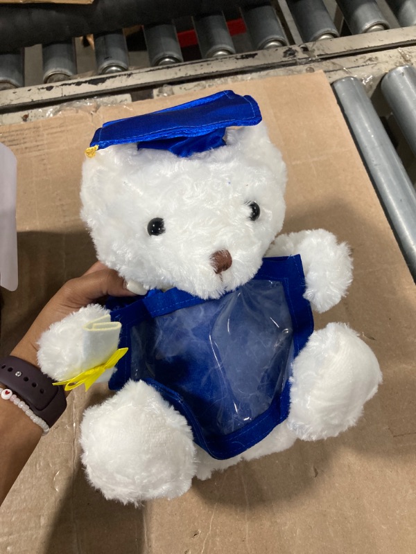 Photo 3 of Fovths Graduation Plush Teddy Bear with Blue Non-Woven Picture Frame Diploma Cap for 2024 Graduation 10 Inch Plush Stuffed Animal Teddy Bear with Greeting Card for Graduation Day Gift Decor, White
