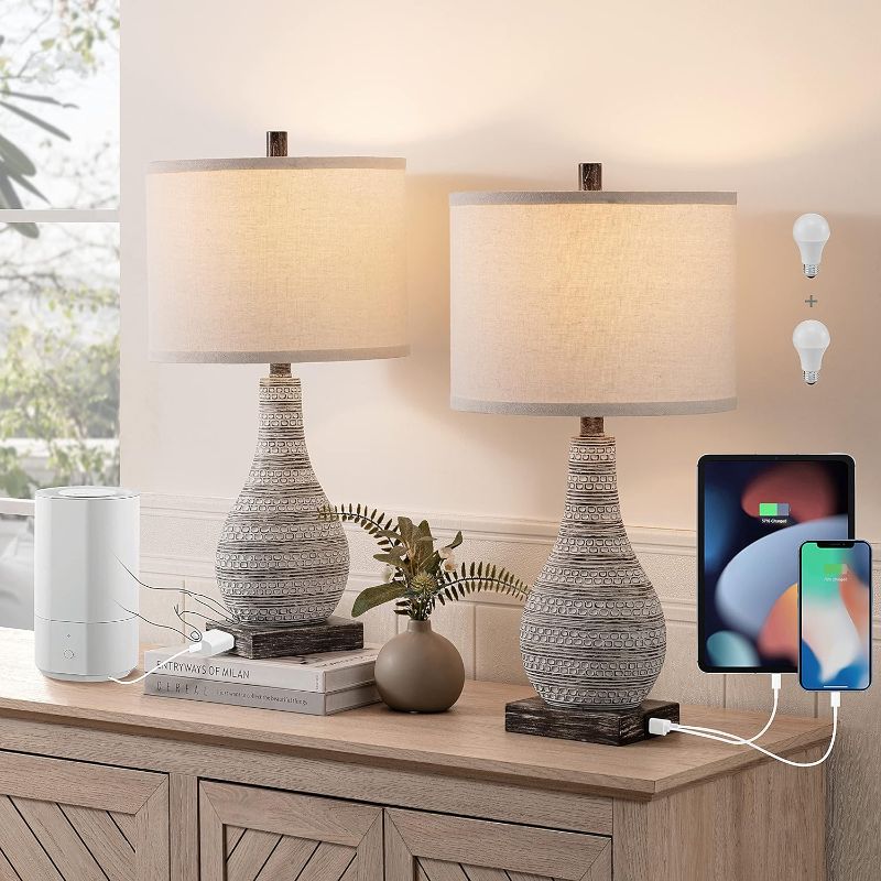 Photo 1 of 3-Way Touch Control 24'' Poly Table Lamp Set of 2 with USB Ports and AC Outlet Farmhouse Table Lamps Set with Beige Linen Shade(Bulbs Included)
