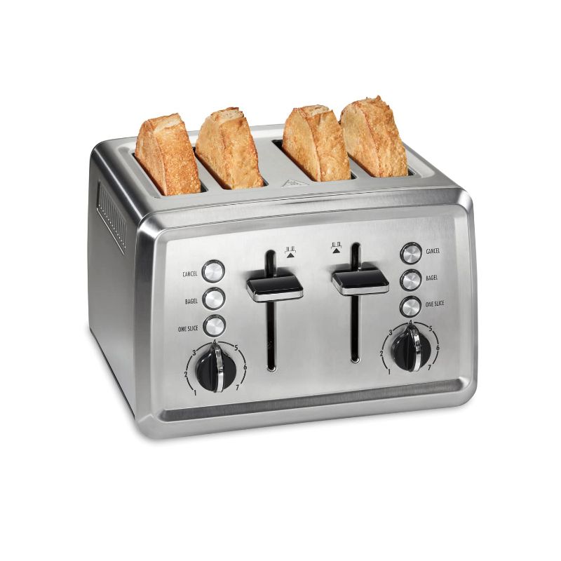 Photo 1 of ****USED*** ONLY ONE SIDE WORKS*** Hamilton Beach 4 Slice Toaster with Extra-Wide Slots, Bagel Setting, Toast Boost, Slide-Out Crumb Tray, Auto-Shutoff & Cancel Button, Stainless Steel (24798) 4 slice Stainless Steel Toaster
***Indention on side***