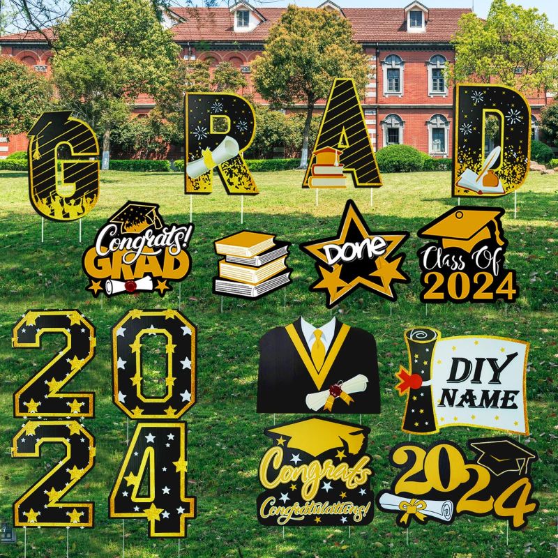 Photo 1 of 16 Packs 2024 Graduation Yard Signs Decorations for Yard Lawn Outdoor,Signs with Stakes Graduation Hat for Graduation Ceremony Decor Party Supplies Spring Outdoor Lawn