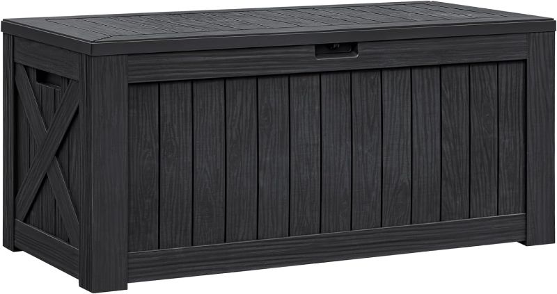 Photo 1 of ***USED***MISSING BASE***Flamaker Resin Deck Box 120 Gallon Waterproof Large Deck Boxes Plus Outdoor Indoor Storage Box Imitation Wood Resin for Patio Furniture Garden Tools and Pool,Dark Black
