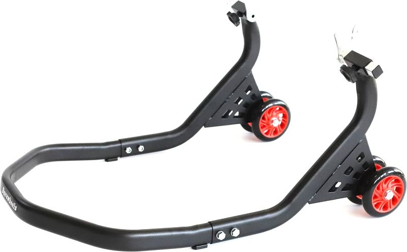 Photo 1 of "SIMILAR ITEM" NEW FACTORY SEALED 
SURE WHEELS Moto Motorcycle Rear Wheel Spool Lift Stand Swingarm Paddock Stands V Black, 3037BV Diamond Model COLOR RED