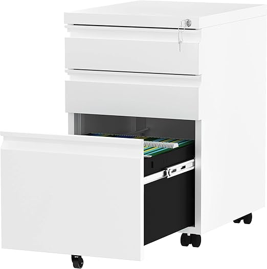 Photo 1 of 3-Drawer Mobile File Cabinet with Lock, Office Storage Filing Cabinet for Legal/Letter Size, Pre-Assembled Metal File Cabinet Except Wheels Under Desk -White