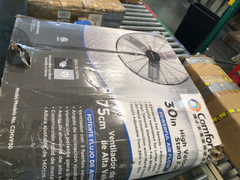 Photo 1 of ****USED***PARTS ONLY - final sale no returns ***MISSING MOTOR*** 
Comfort Zone Industrial Pedestal Fan, 30 inch, 3 Speed, High Velocity, Adjustable Height 56” to 75”, Metal, Meets OSHA Standards, Airflow 36 ft/sec, Ideal for Garage, Workshop or Warehouse