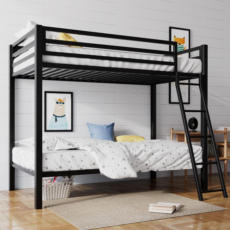 Photo 1 of ****USED**"SIMILAR ITEM" SHA CERLIN Twin Over Twin Metal Bunk Bed for Juniors, Industrial Twin Bunk Beds Frame with Inclined Stairs & Full-Length Guardrail, Space-Saving, Easy Climbing & Assemble, Black