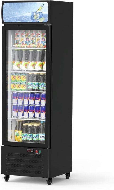 Photo 1 of Commercial Beverage Display Refrigerator 11.8 cu.ft with Glass Door, Upright Beverage Cooler with LED Lighting, Adjustable Shelves and Drink Organizers, Cooling 32-50? ***FAN SWITCH LOOSE ON THE DOOR FRAME, WHEN CLOSE NEED USE FINGER HOLD IT***
