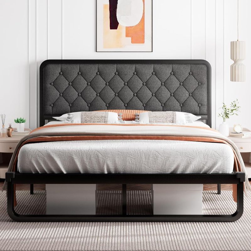 Photo 1 of "SIMILAR ITEM" Full Size Metal Bed Frame with Linen Upholstered Headboard, Curved Platform Bed Frame, Thicker Metal Steel Slats Support, 12'' Under-Bed Space, Noise-Free, Easy Assembly, Dark Grey