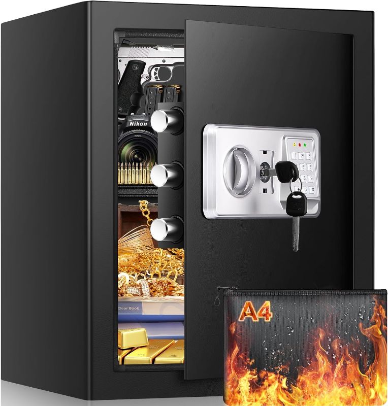 Photo 1 of 2.3 Cub Fireproof Safe for Home Use, Anti-Theft Home Safe Fireproof Waterproof with A4 Fireproof Bag and Removable Shelf, Fireproof Waterproof Safe Box for Money Firearm Medicine A4 Document