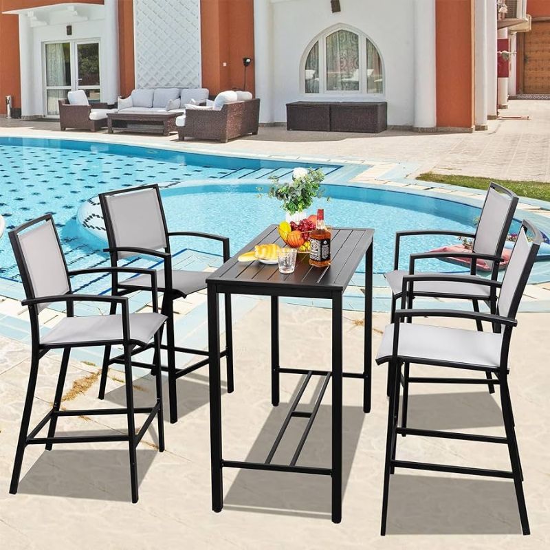 Photo 1 of 4 Piece Patio High Bar Chair, All Weather Metallic Textilene Dining Set, High Bar Stools, 4 Chair
***INCOMPLETE SET***
CHAIRS ONLY
