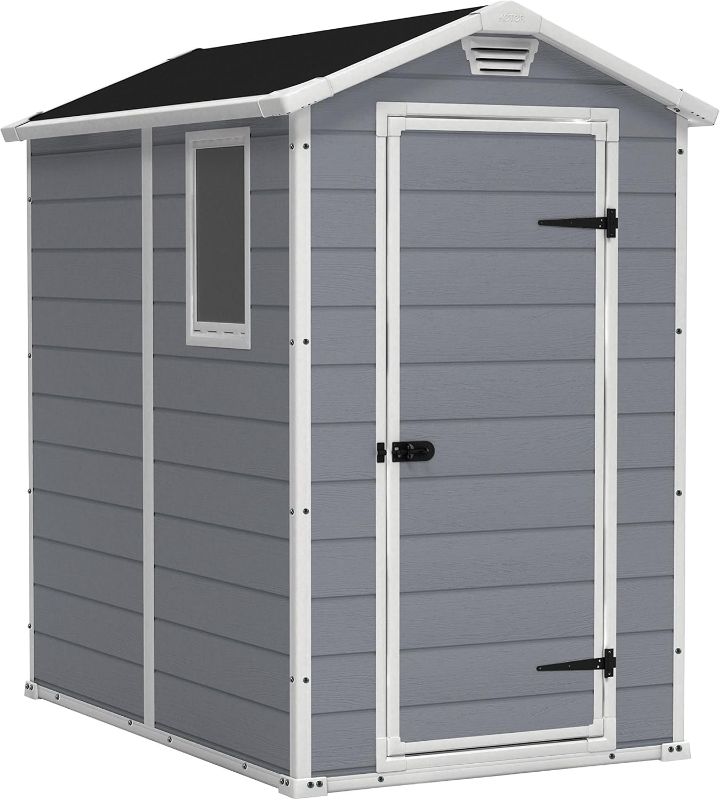 Photo 1 of ****USED****BOX 1 ONLY****missing box 2 with side panels**PARTS ONLY***SOLD AS IS**NO RETURNS***ALL SALES ARE FINAL*** **Keter Manor 6x6 Resin Outdoor Storage Shed Kit-Perfect to Store Patio Furniture, Garden Tools Bike Accessories, Beach Chairs and Lawn 
