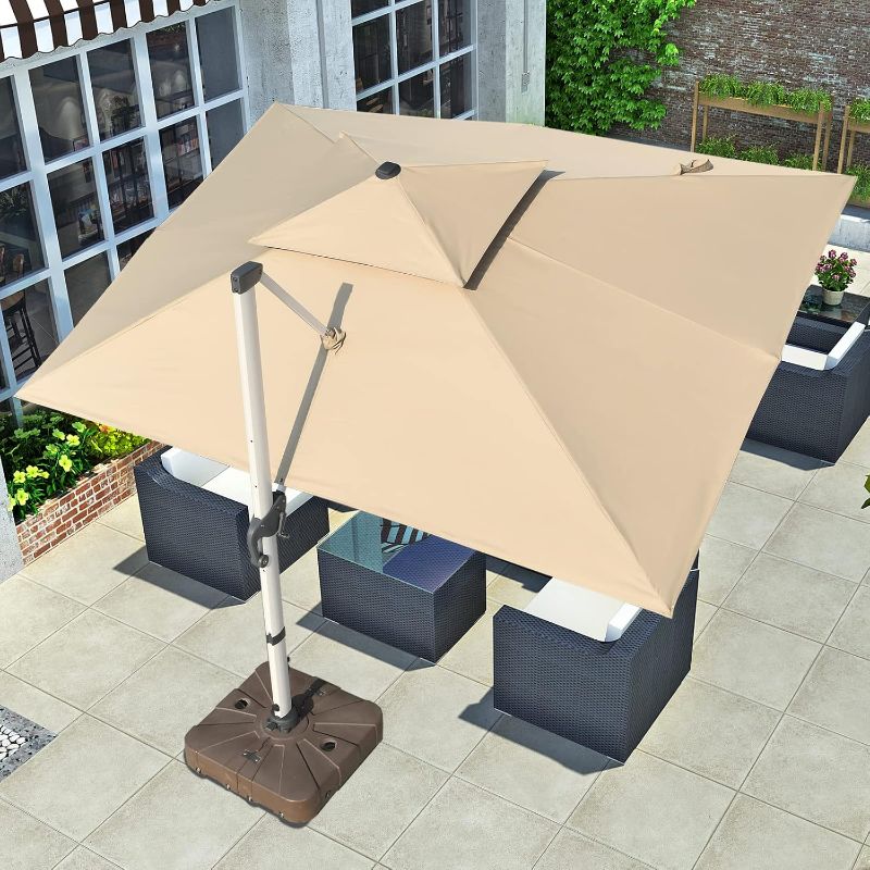 Photo 1 of 10' x 13' Cantilever Umbrella with Cross Base Included - Large Heavy Duty Rectangle Patio Outdoor Umbrella 360° Rotation Offset Umbrella with Easy Tilt for Pool Backyard Deck Market, Khaki