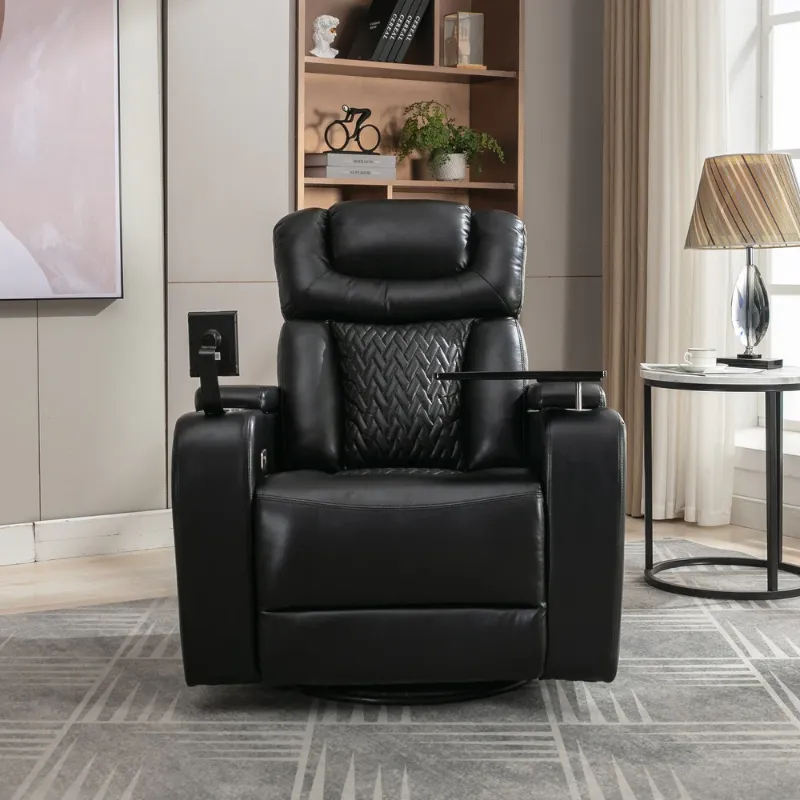 Photo 1 of ****USED**BOX 1 OF 2***** THIS IS BOX 1 ONLY*** 270 Degree Swivel PU Leather Power Recliner with Tray Table, Phone Holder, Cup Holder, USB Port, Hidden Arm Storage - Black

