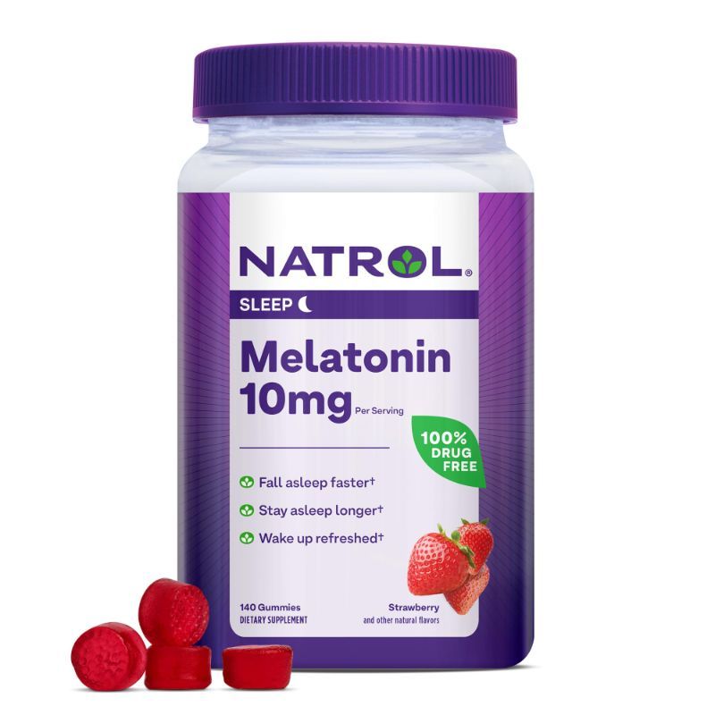 Photo 1 of **BUNDLE OF 2 - RECENTLY EXPIRED 08/07/2024** Natrol 10mg Melatonin Gummies, Sleep Support for Adults, Melatonin Supplements for Sleeping, 140 Strawberry-Flavored Gummies, 70 Day Supply Strawberry 140 Count 