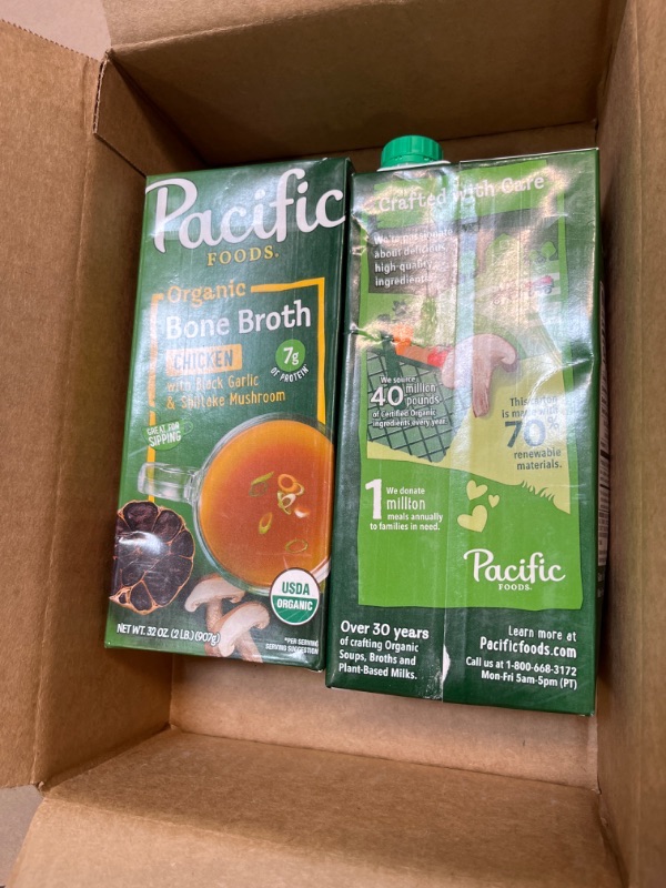 Photo 2 of 2pcs** Expired on September 9, 2024 Pacific Foods Organic Chicken Bone Broth With Black Garlic and Shiitake Mushroom, 32 oz Carton