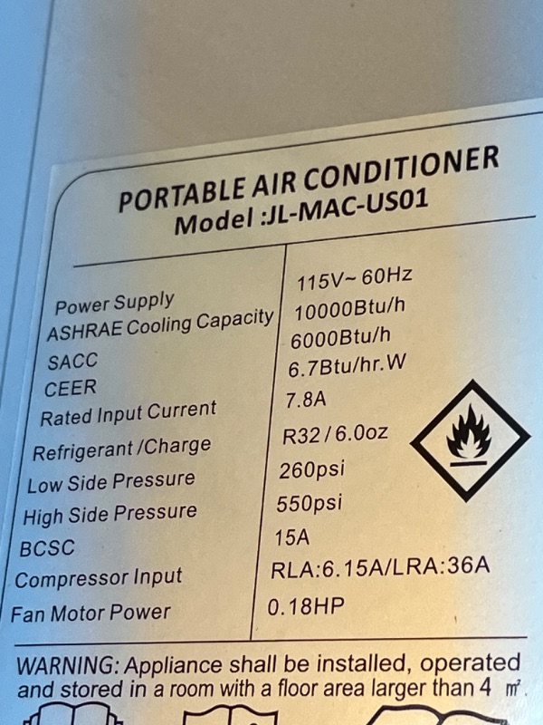 Photo 1 of  PORTABLE AIR CONDITIONER Model :JL-MAC-US01 Power Supply 115V-60Hz ASHRAE Cooling Capacity 10000Btu/h SACC 6000 Btu/h CEER 6.7Btu/hr.W