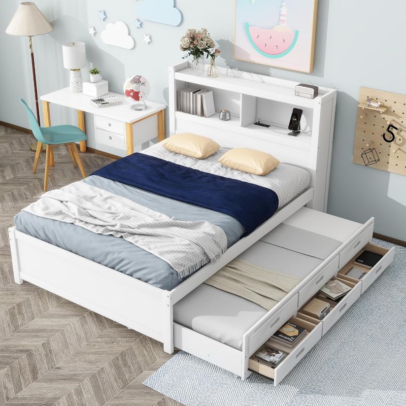 Photo 1 of ***Stock photo is a similar item, not exact**** Full Size Platform Bed with Trundle, Drawers and Bookcase Headboard , Hardwood Full Size Bed Frame, No Box Spring Needed - White