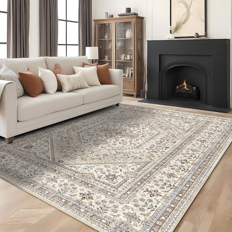 Photo 1 of  Washable Vintage Rug: Oriental Rugs for Living Room Non Slip Backing Stain Resistant Large Indoor Carpet for Bedroom Area Rug Dining Room Decor(Beige,5x7FT)