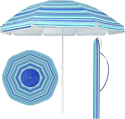 Photo 1 of 12FT Extra Large Beach Umbrella with Sand Anchor Big Beach Umbrella Heavy Duty High Wind Beach Umbrella Height Adjustable Blue White Stripe Outdoor Portable Beach Umbrella for Patio Pool Backyard