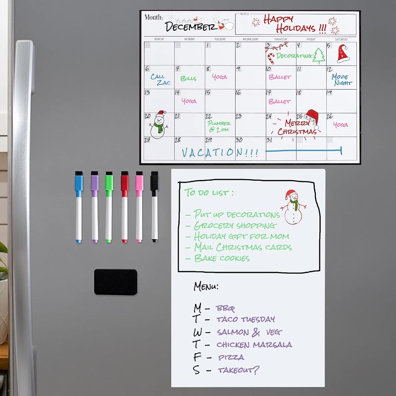 Photo 1 of ***USED** Magnetic Dry Erase Fridge Calendar and Whiteboard Bundle for Fridge: 2 Boards - 17x12" - 6 Fine Tip Markers and Large Eraser with Magnets - Monthly.