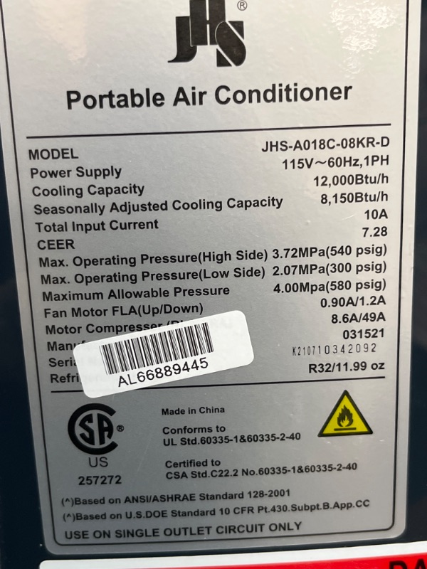 Photo 2 of  Portable Air Conditioner MODEL JHS-A018C-08KR-D