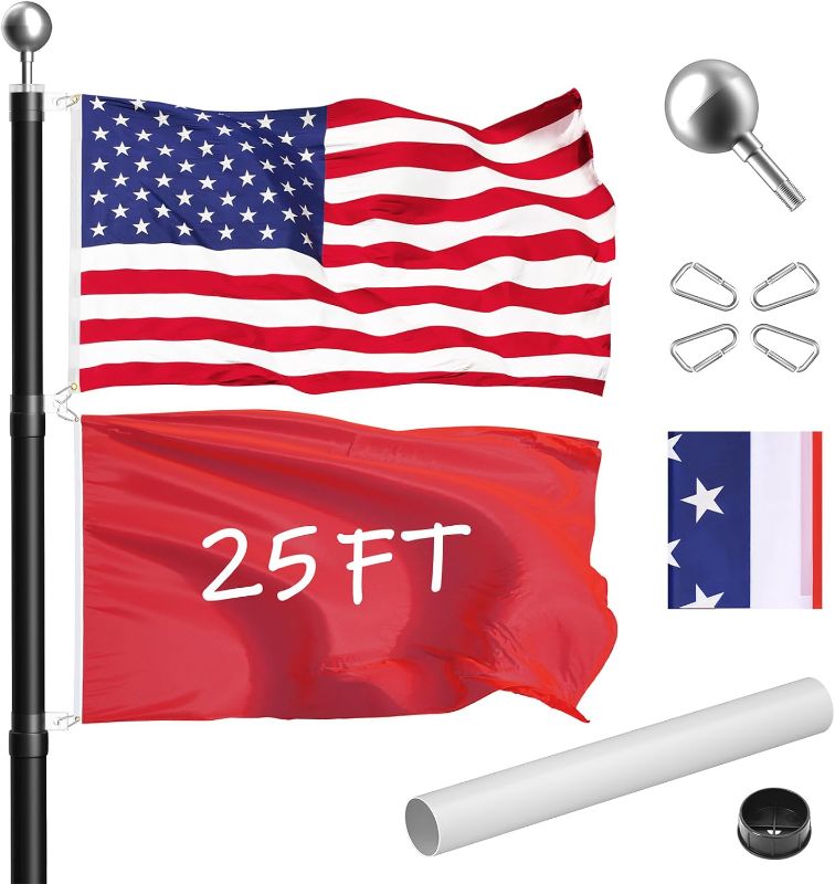 Photo 1 of 25FT Telescoping Flag Pole Kit, Extra Thick Flag Poles with 3x5 American Flag, Heavy Duty Flag Pole for Outside House Inground, Flag Poles for 3x5 Flag Outdoor
