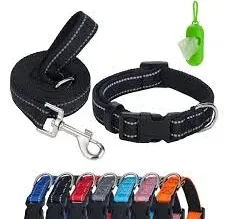 Photo 1 of 2 PK,Reflective Dog Collar and Leash Set with Poop Bags and Dispenser,Adjustable Nylon Dog Collars for Small Medium Large Dogs,Comfortable Padded with Soft Neoprene Breathable (Small, BLACK) Small BLACK