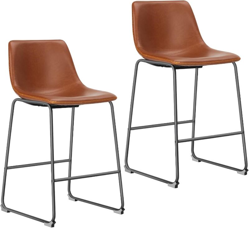 Photo 1 of Counter Height Barstools with Leather Back, Matel Bar High Table Stool Chairs for Kitchen, Set of 2 26 inch, Whiskey Brown