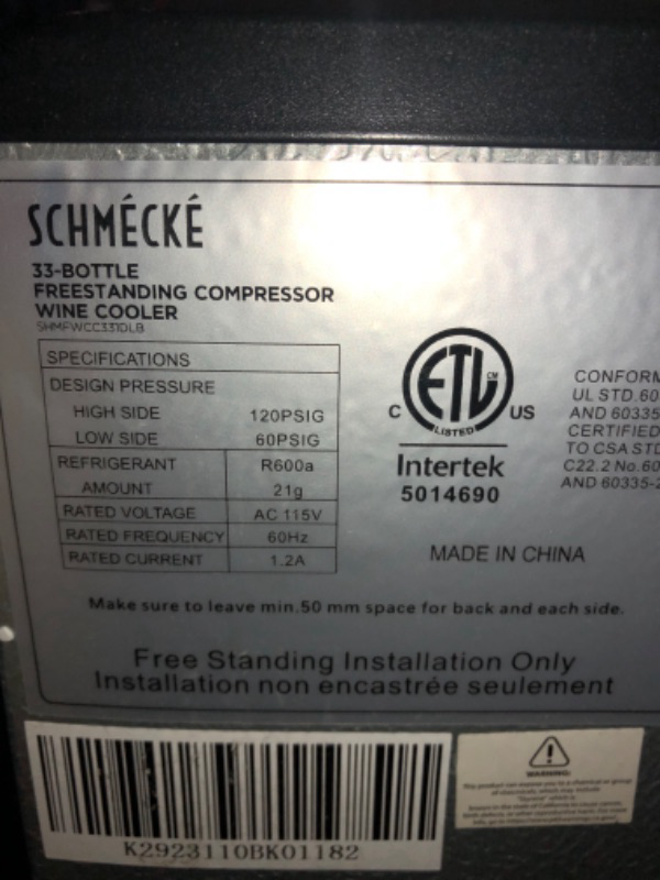 Photo 3 of ***AS IS / NO RETURNS -  FINAL SALE***parts only***
SCHMECKE 33 Bottle Dual Zone Wine Cooler Refrigerator w/Lock | Large Freestanding Wine Cellar | 41f-64f Digital Temperature Control Wine Fridge For Red, White, Champagne or Sparkling Wine - Black