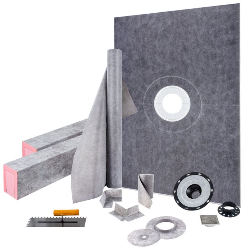 Photo 1 of ***USED*** ***MISSING PARTS**** VEVOR Shower Curb Kit, 38"x60" Watertight Shower Curb Overlay with 4" PVC Central Bonding Flange, 4" Stainless Steel Grate, 2 Cuttable Shower Curb and Trowel, Shower Pan Slope Sticks Fit for Bathroom
