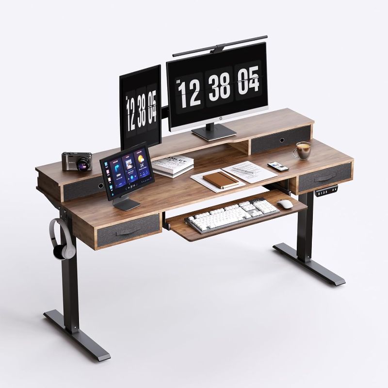 Photo 1 of ****USED*** Electric Standing Desk, 55" Standing Desk Adjustable Height, Multifunctional Standing Desk with 4 Drawers, Ergonomic Adjustable Sit Stand Desk with Keyboard Tray, Rustic Brown