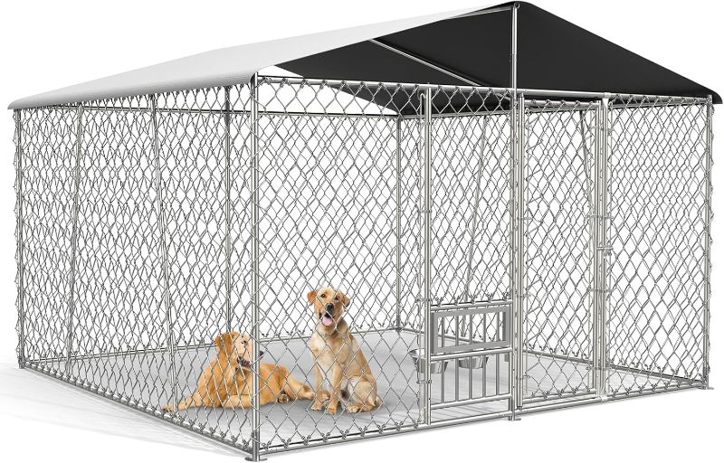 Photo 1 of 10x10 Large Outdoor Dog Kennel with Bowls Cover & Roof, Heavy Duty Outside Dog Kennel Dog Run with Lock, Dog Playpen for Backyard and Outdoor Use