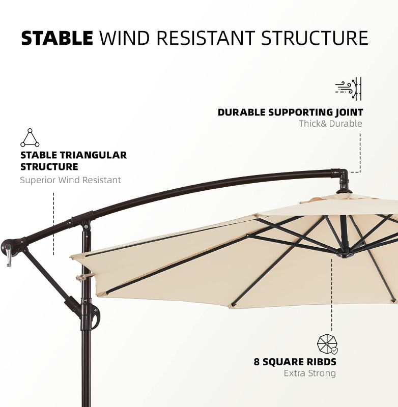 Photo 1 of 10ft Patio Umbrellas Offset Outdoor Umbrella Cantilever Hanging Umbrellas w/Infinite Tilt, Fade Resistant Waterproof RECYCLED FABRIC Canopy & Cross Base, for Yard, Garden & Deck, Cream Beige
