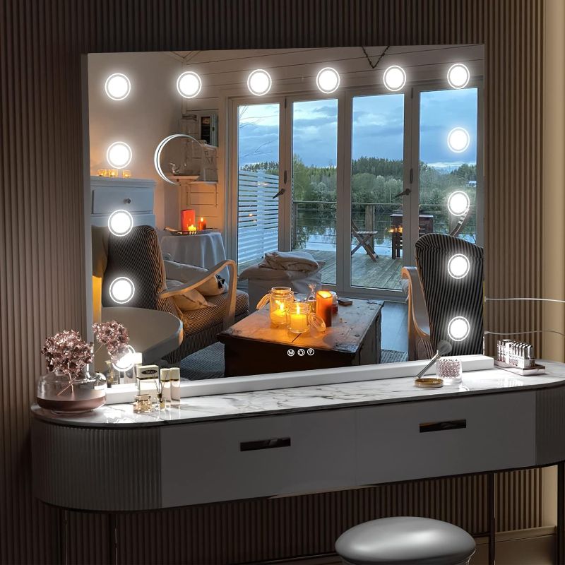 Photo 1 of  Vanity Mirror with Lights, 32" x 24" Makeup Mirror, Light up Mirror with 14 Dimmable LED Lights and 10X Magnification, 3 Colors Modes, Touch Control, USB Charging Port, White