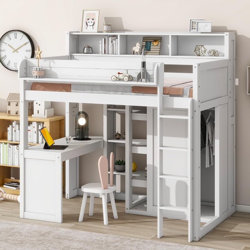 Photo 1 of BOX ONE OF 3 Merax Twin Loft Bed with Storage Shelves and Under-Bed Desk, Wooden Bed Frames with Wardrobe and 3 Cabinets, White