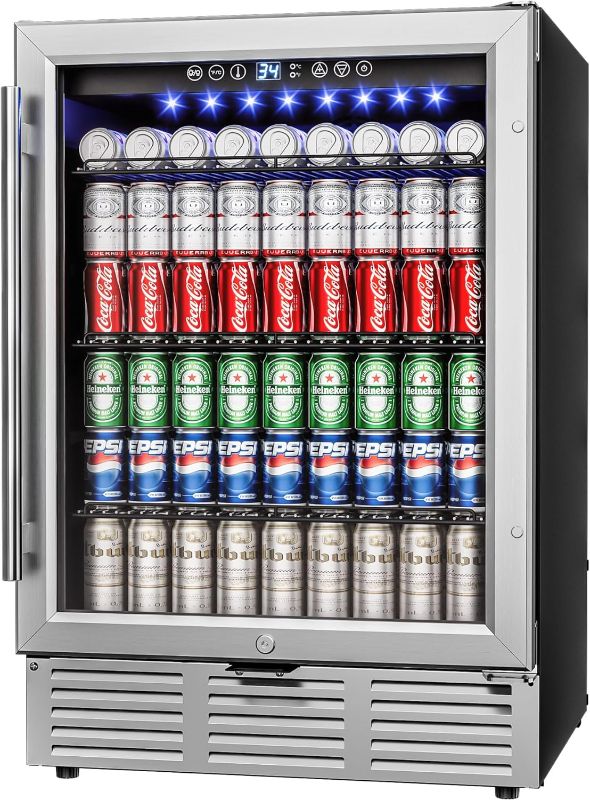 Photo 1 of 24 Inch Beverage Refrigerator, Beverage Cooler 180 Can Built-in Design, Under Counter Beer Fridge with Glass Door for Soda, Wine, Water - For Kitchen, Office or Bar