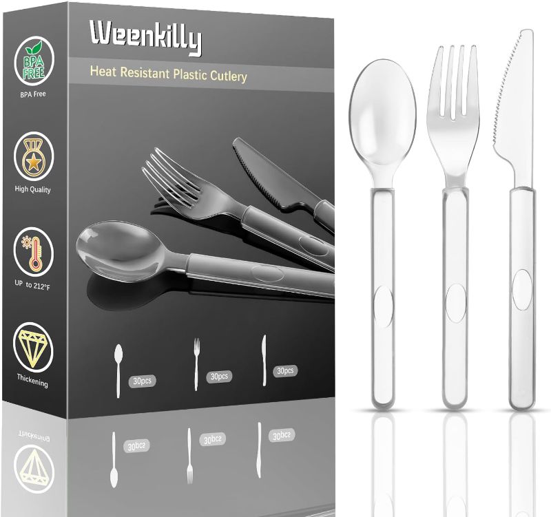 Photo 1 of 90 Plastic Silverware Set- 30 Plastic Forks, 30 Plastic Spoons, 30 Plastic Knives- Plastic Cutlery Set for Birthday Party, Picnic, Weddings- Heavy Duty...