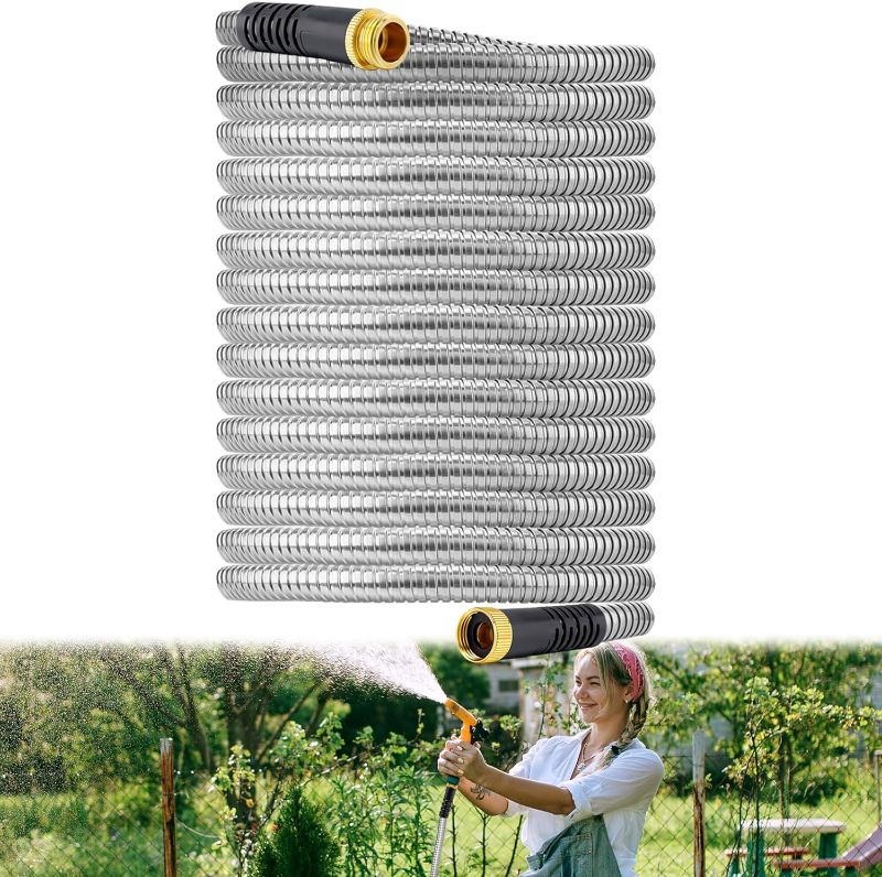 Photo 1 of 100ft Metal Garden Hose, No Kink Leakproof Flexible Hoses with 3/4'' Solid Brass Fittings, Heavy Duty 304 Stainless Steel Water Hose for Outdoor...