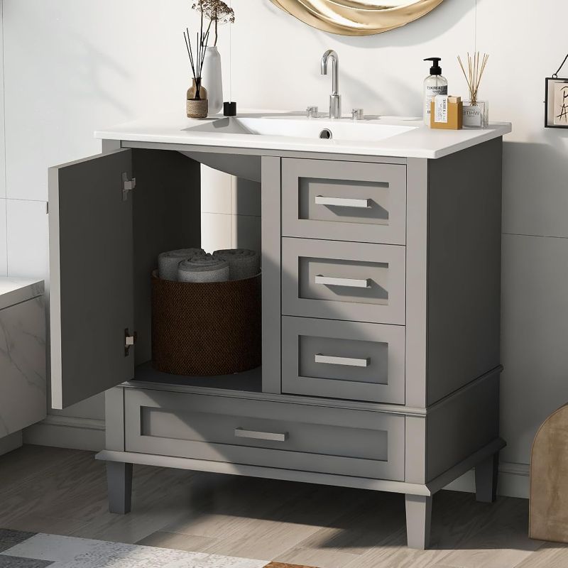 Photo 1 of 30 inch Bathroom Vanity with Ceramic Sink, Modern Freestanding Bathroom Storage Cabinet with One Soft Closing Door and 3 Drawers, Bathroom Vanities with...
Color:Grey