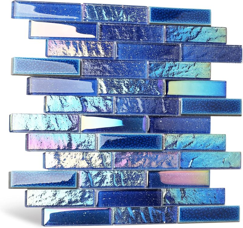 Photo 1 of Blujellyfish Blue Glass Porcelain Tile Box of 5 Square Feet Iridescent Starry Sky Backsplash Tile for Swimming Pool Kitchen Bathroom TSTNB18 (30Square Feet