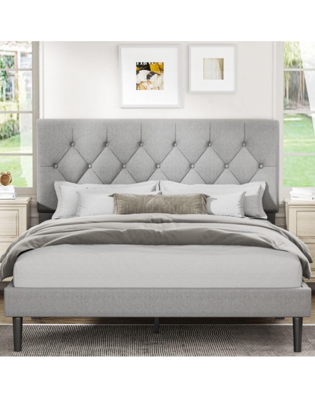 Photo 1 of ****USED** Queen Size Platform Bed Frame with Upholstered Headboard, Button Tufted Design, No Box Spring Needed, Light Grey