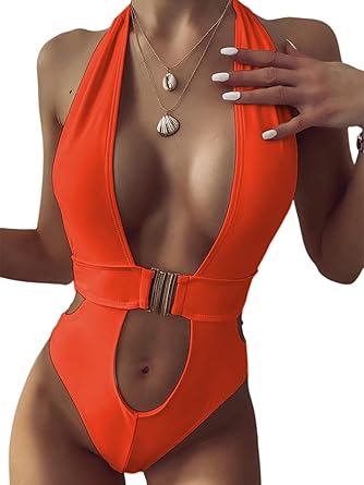 Photo 1 of **BLACK** Hilinker Women's Deep V Neck Halter Cutout Buckle Front One Piece Bathing Suit BLACK L