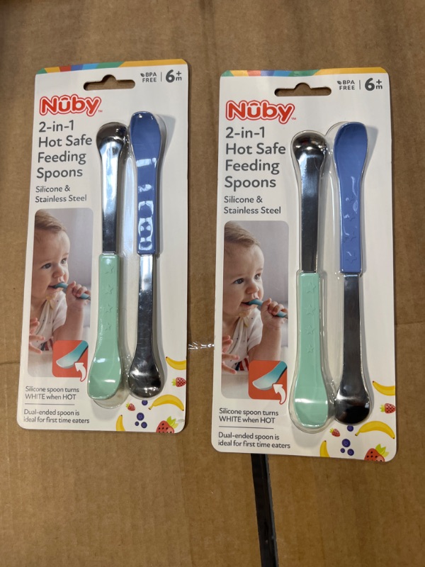 Photo 2 of 2pcs***Nuby 2-in-1 Hot Safe Feeding Spoons - (2-Pack) Spoons for Babies 6+ Months - Blue and Aqua 2 Pack Boy