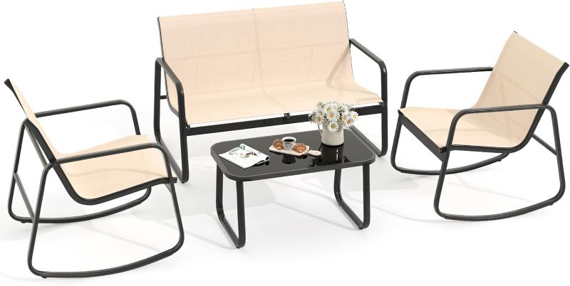 Photo 1 of * Different color * YITAHOME 4 Piece Patio Furniture Set, Small Backyard Bistro Rocking Chairs, Loveseat and Glass Table, Textilene Outdoor Conversation Set for Lawn, Garden, Balcony, Poolside (Brown)
